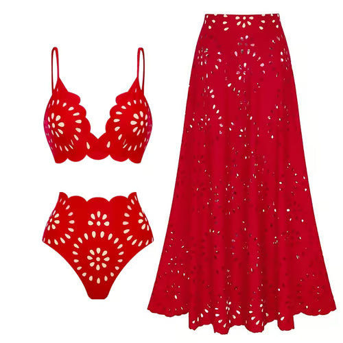Vi-Be Studio Laser Cutting Flower Hollow Bikini Swimsuit Set