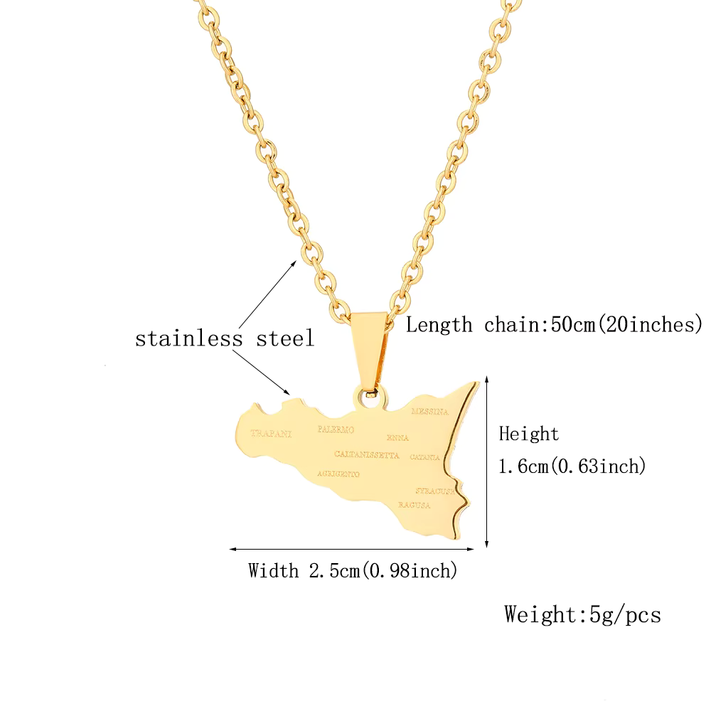 Sicily Map and Flag Pendant Necklace Stainless Steel.