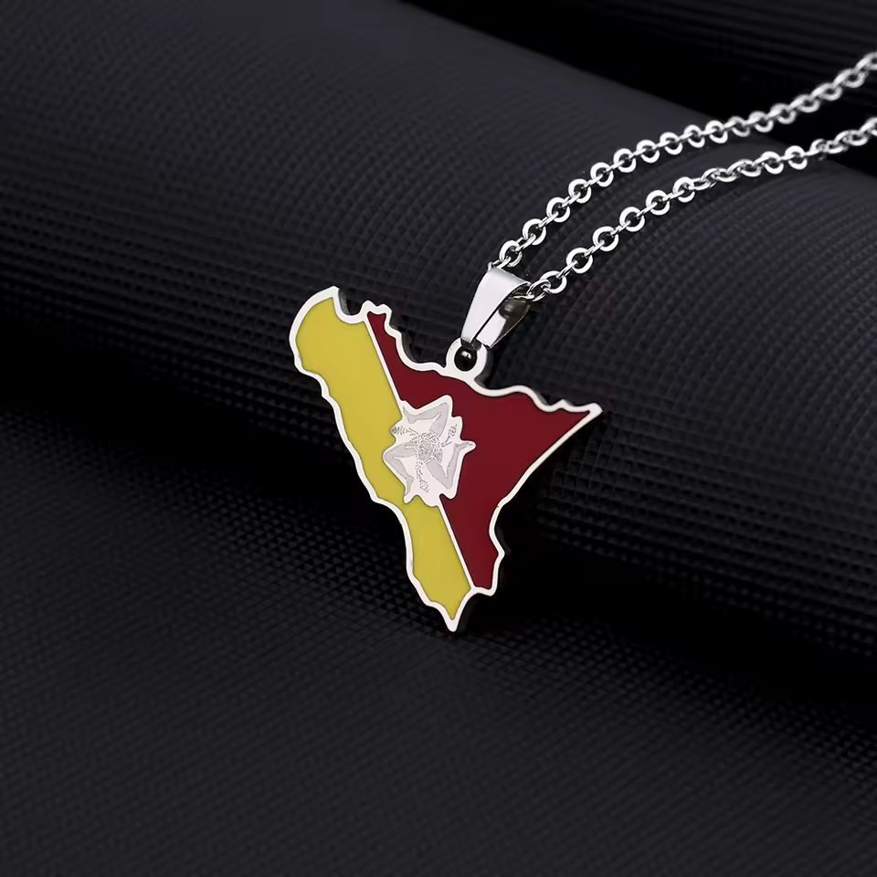 Sicily Map and Flag Pendant Necklace Stainless Steel.