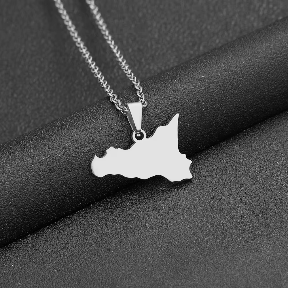 Sicily Map and Flag Pendant Necklace Stainless Steel.