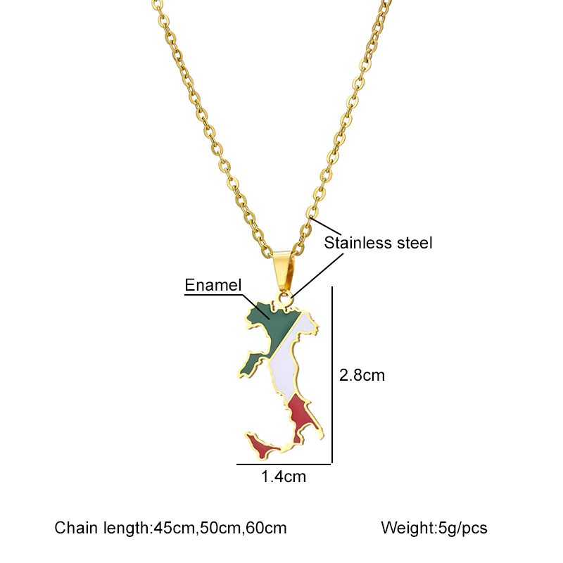 Italy Map and Flag Pendant Necklace Stainless Steel.
