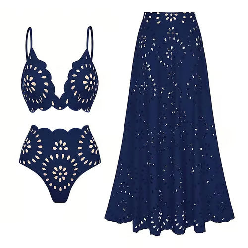 Vi-Be Studio Laser Cutting Flower Hollow Bikini Swimsuit Set