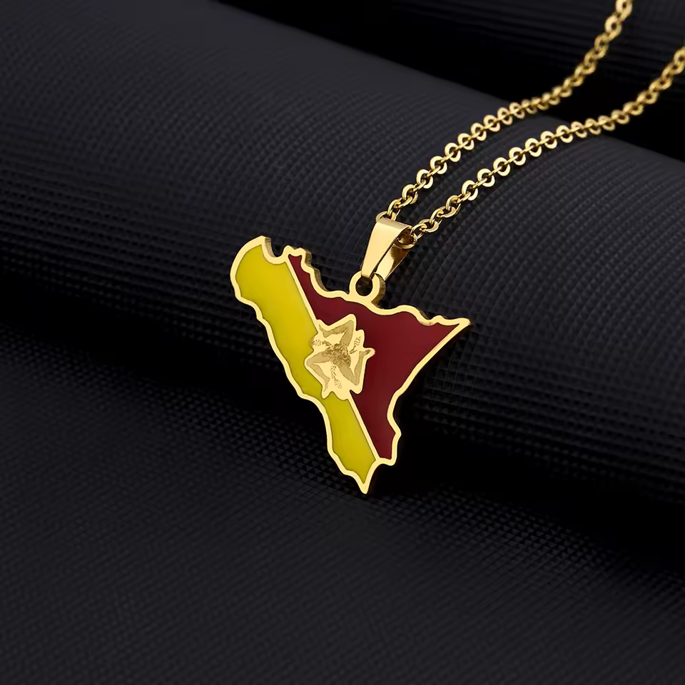 Sicily Map and Flag Pendant Necklace Stainless Steel.