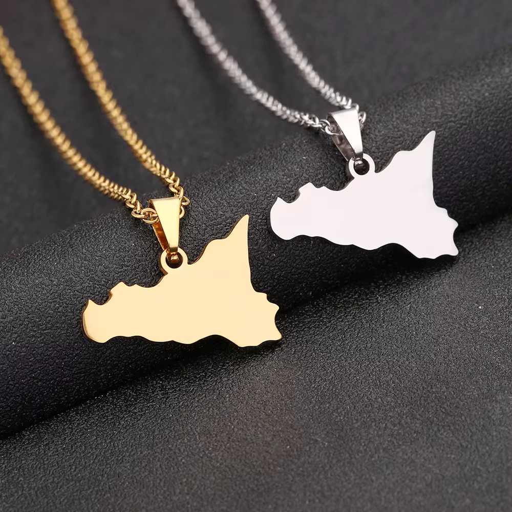 Sicily Map and Flag Pendant Necklace Stainless Steel.