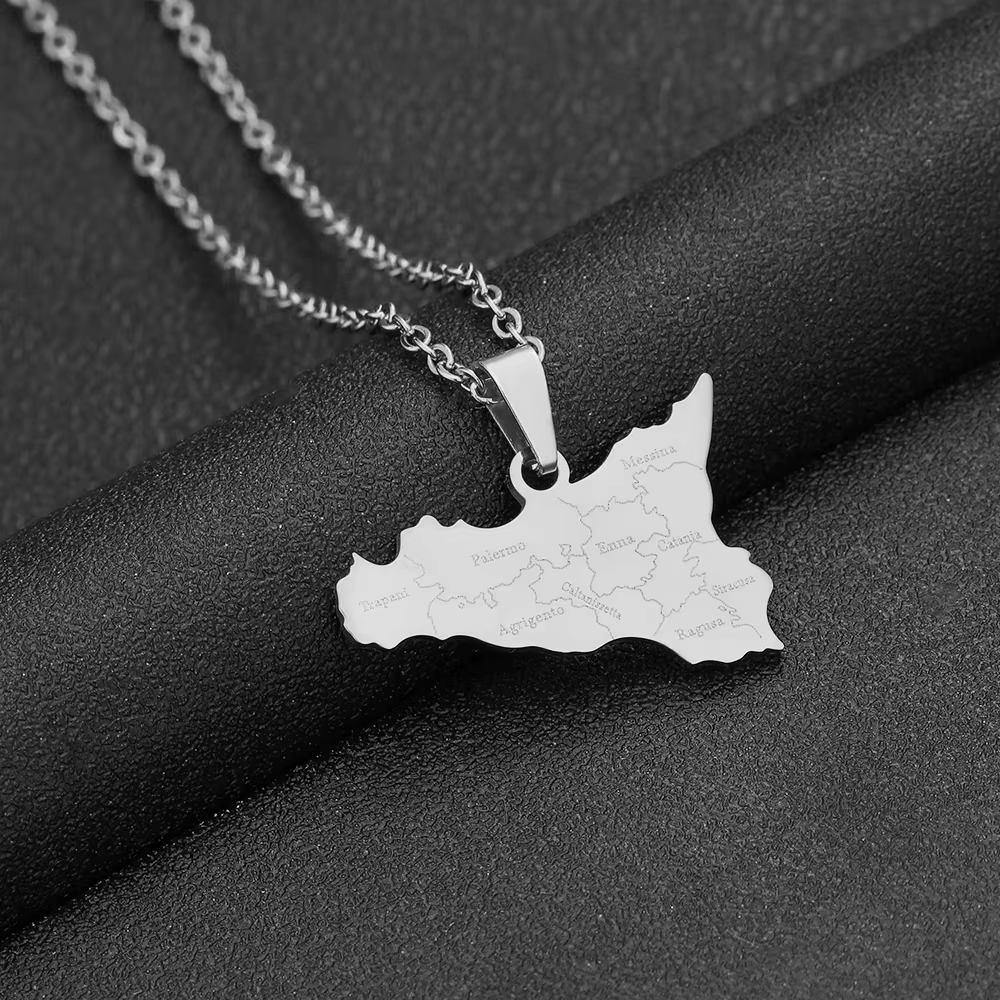 Sicily Map and Flag Pendant Necklace Stainless Steel.