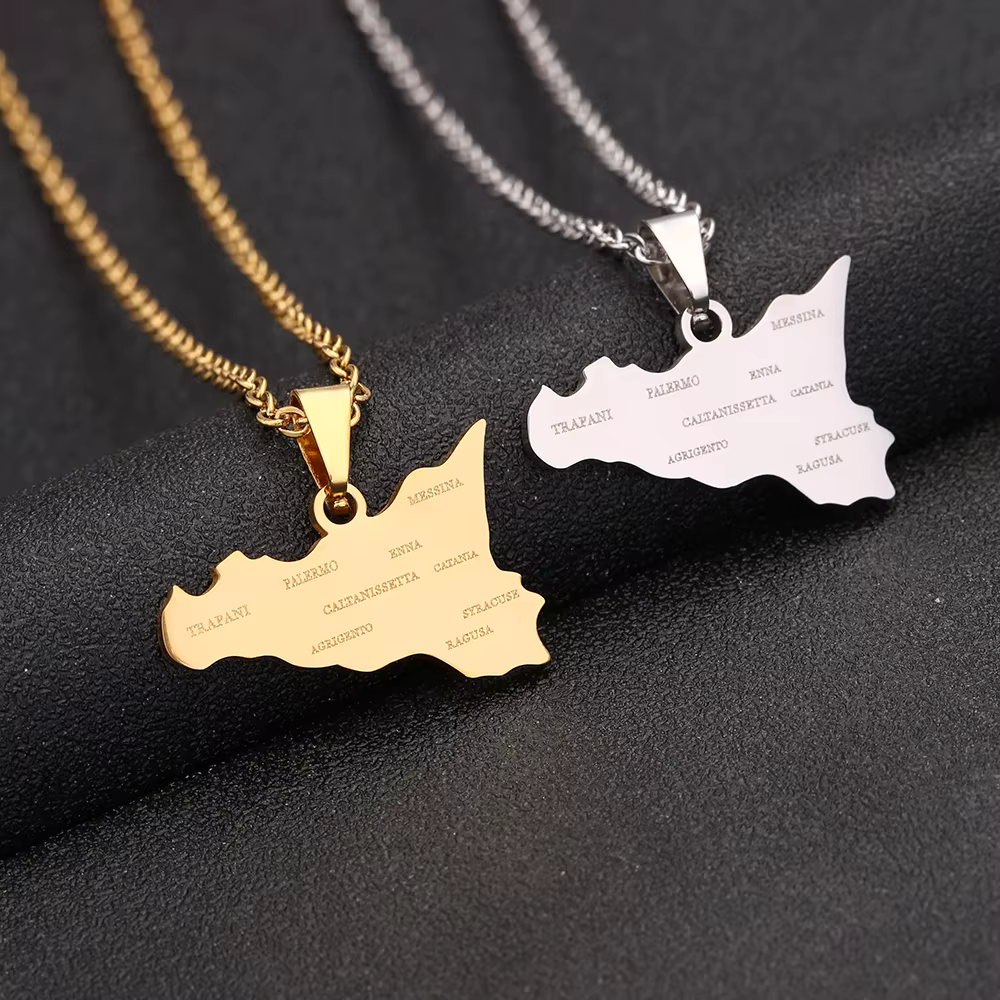 Sicily Map and Flag Pendant Necklace Stainless Steel.