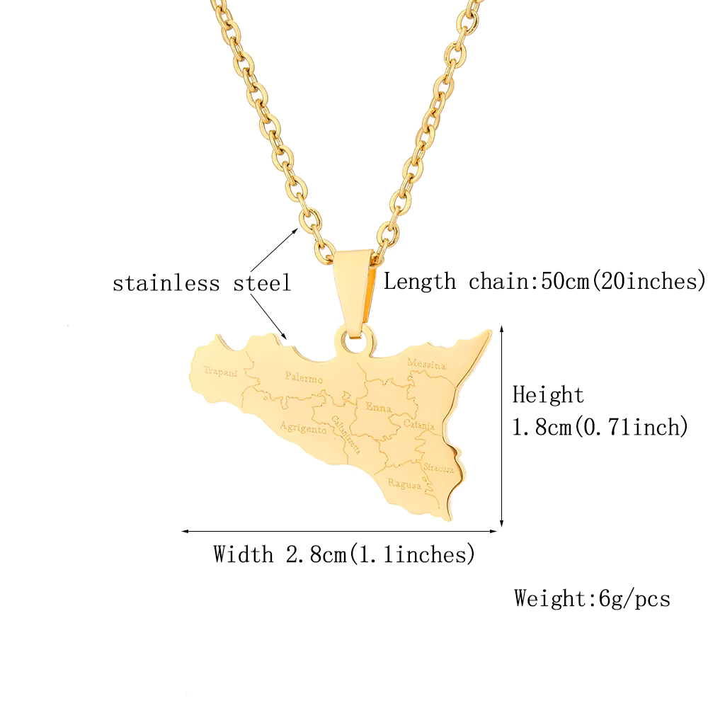 Sicily Map and Flag Pendant Necklace Stainless Steel.