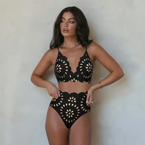 Vi-Be Studio Laser Cutting Flower Hollow Bikini Swimsuit Set