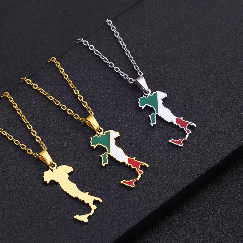 Italy Map and Flag Pendant Necklace Stainless Steel.
