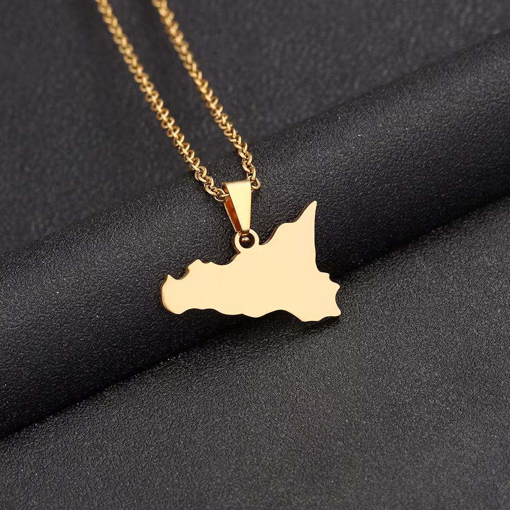 Sicily Map and Flag Pendant Necklace Stainless Steel.