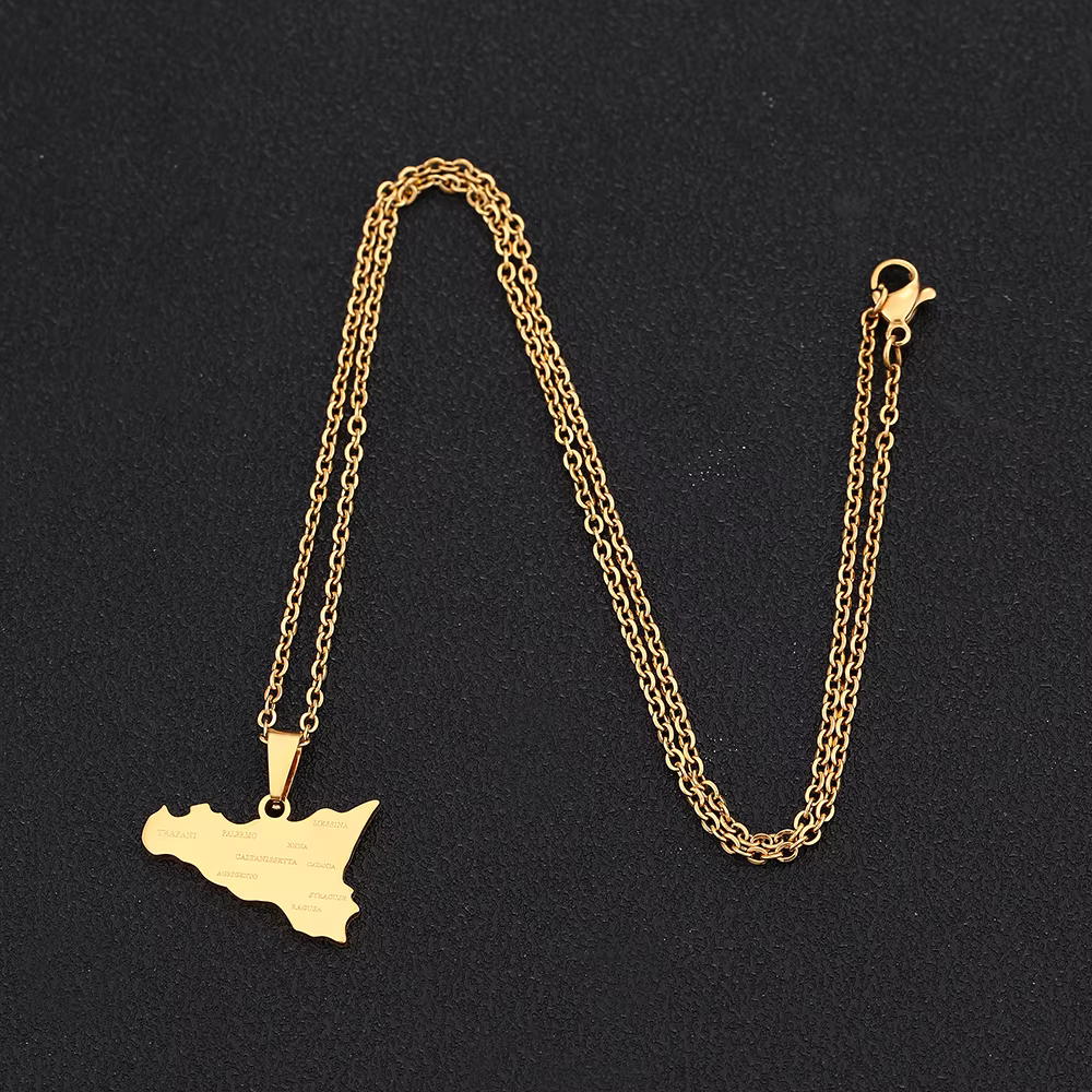 Sicily Map and Flag Pendant Necklace Stainless Steel.