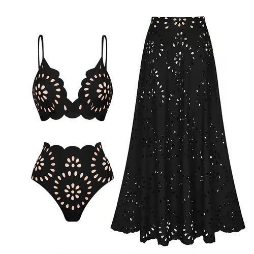 Vi-Be Studio Laser Cutting Flower Hollow Bikini Swimsuit Set
