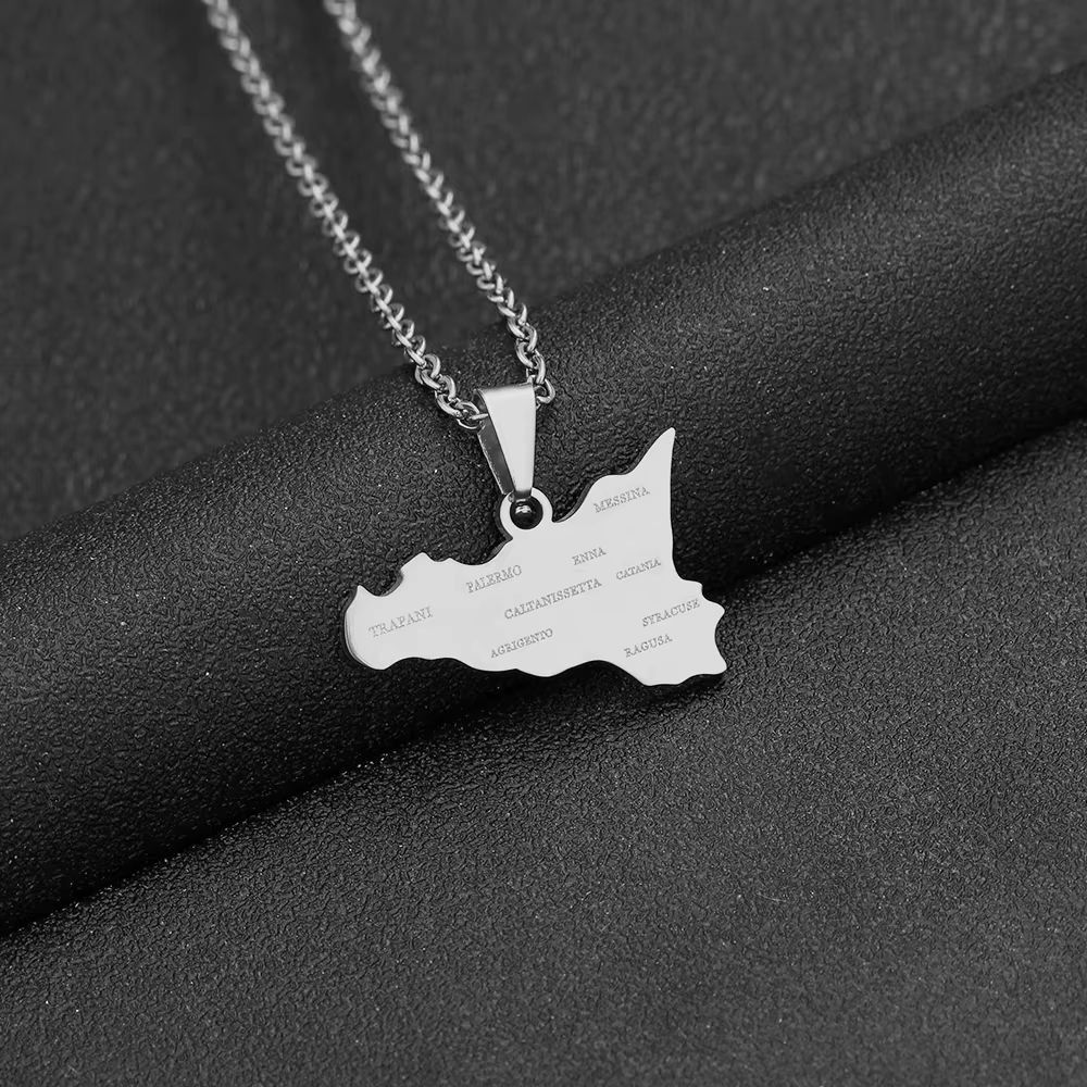 Sicily Map and Flag Pendant Necklace Stainless Steel.