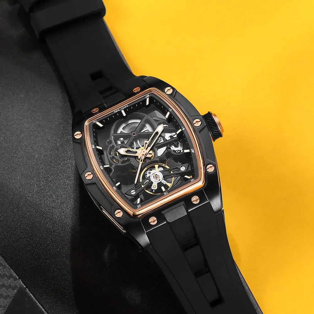 Latest Luxury Design -Skeleton Face With Rubber Strap Mechanical Movement Waterproof Watch