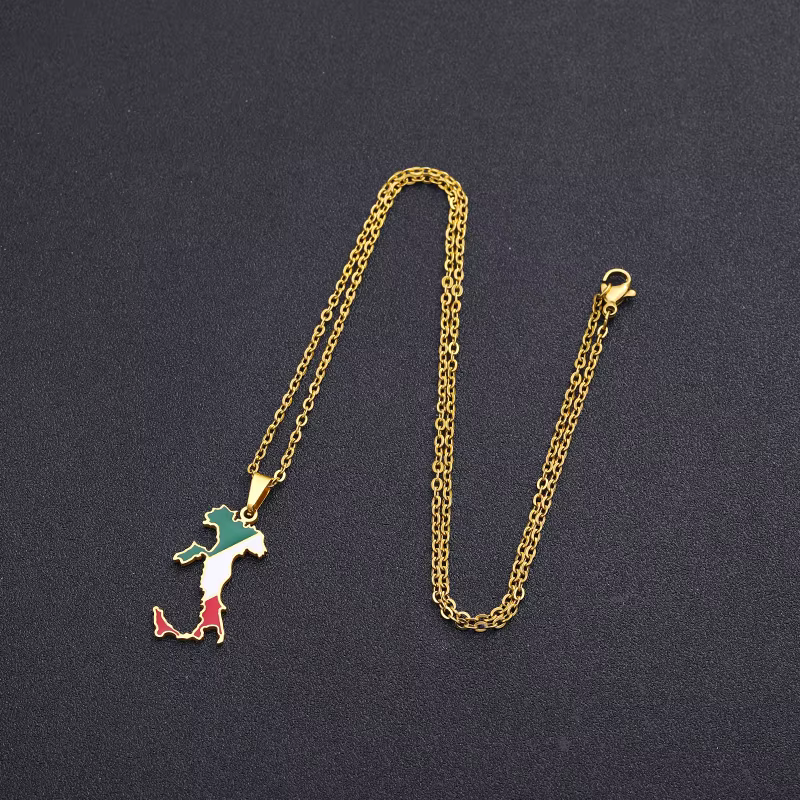 Italy Map and Flag Pendant Necklace Stainless Steel.